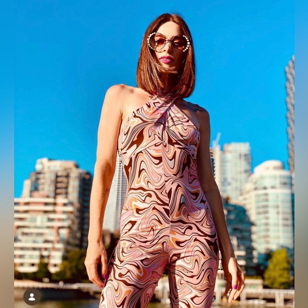 NWT Zara Long Printed Jumpsuit in a pink swirl pattern.
